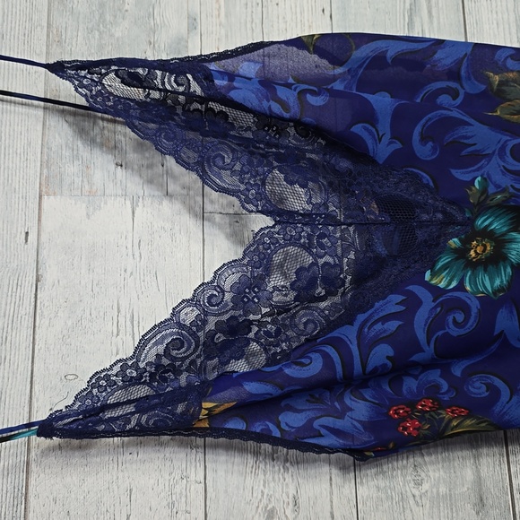 Vintage 1980's Cacique Blue Floral Semi Sheer Lingerie Slip Dress - Picture 4 of 10